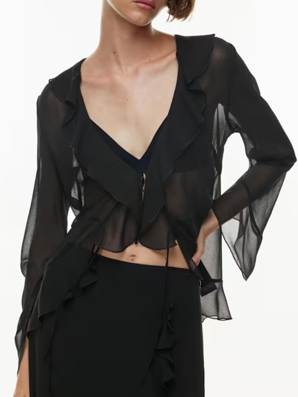 Wilfred Black Sheer Ruffle Tie Blouse Fairy Goth Feminine Dark Romantic Boho Chi - Picture 2 of 10